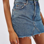 Fringe-Hem Denim Mini Skirt – Slim Fit A-Line