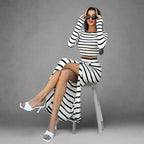Striped Black White Button Skirt Sets