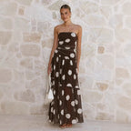 Polka Dot Print Wrapped Chest off Shoulder Sheer Maxi Dress