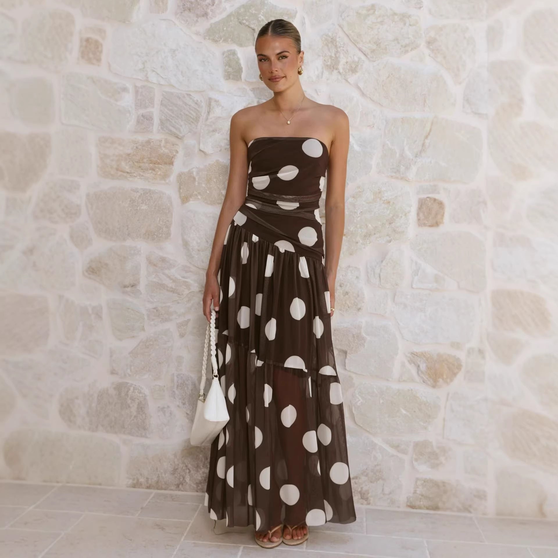 Polka Dot Print Wrapped Chest off Shoulder Sheer Maxi Dress