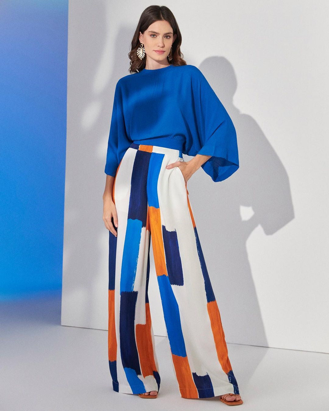 Loose Office Blue Top & High Waist Wide Leg Pants Sets