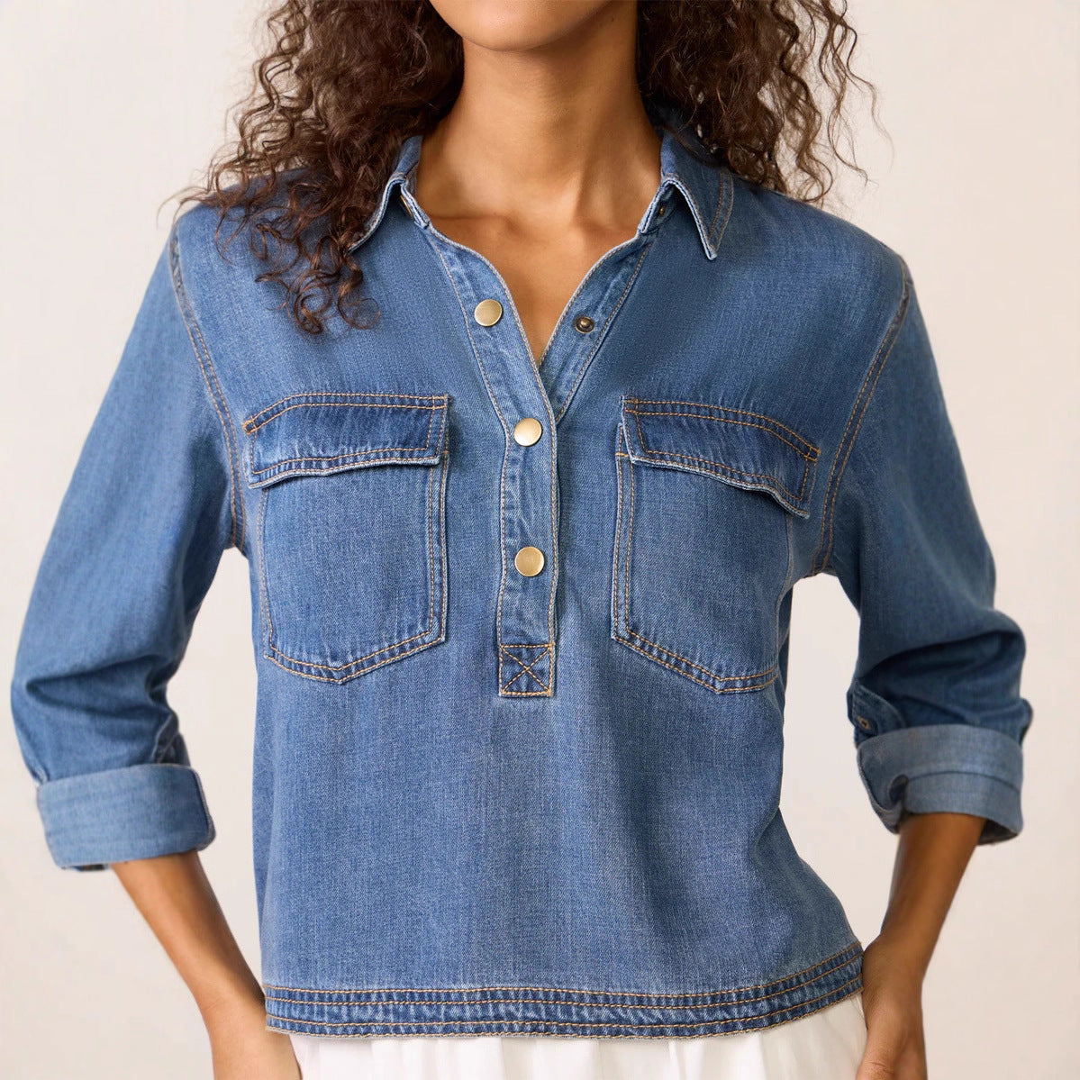 Casual Polo Collar V neck Pullover Denim Shirt