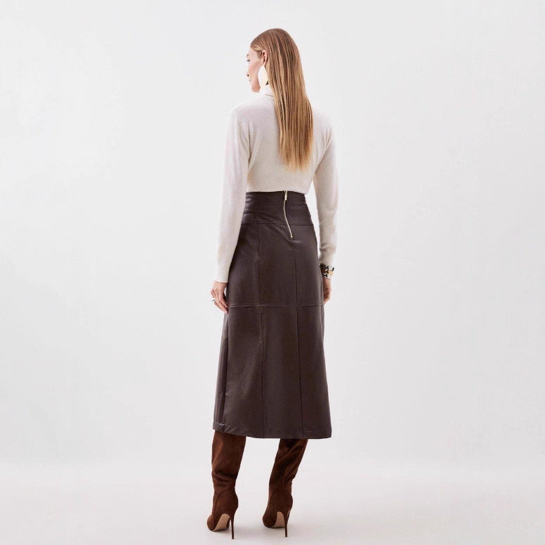 Faux Leather Asymmetric Slit Skirt