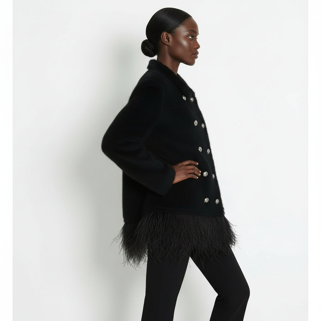 Classic Ostrich Feather Double Breasted Straight Coat