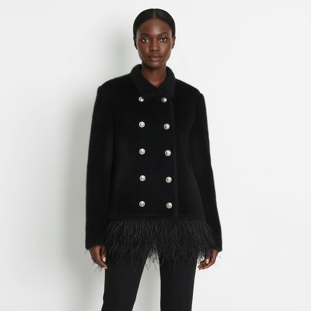 Classic Ostrich Feather Double Breasted Straight Coat