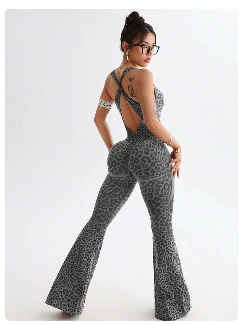 Leopard Print Cross Beauty Back Fitness Jumpsuit