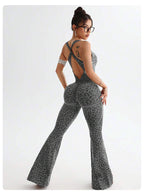 Leopard Print Cross Beauty Back Fitness Jumpsuit