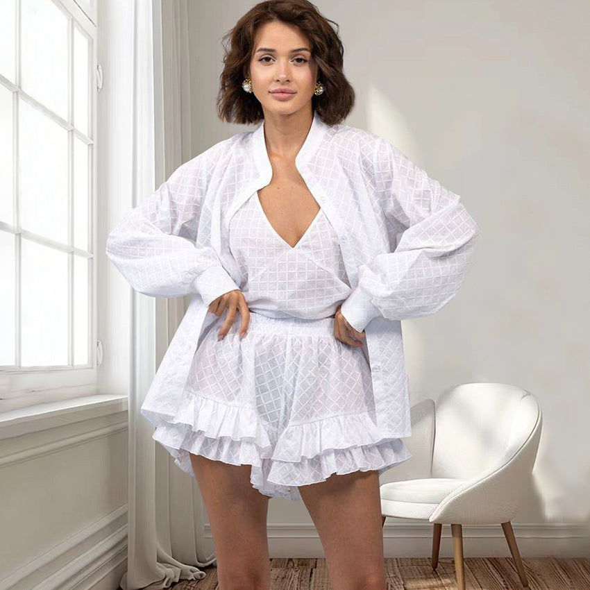 Double Layer Ruffled Shorts Three Piece Set
