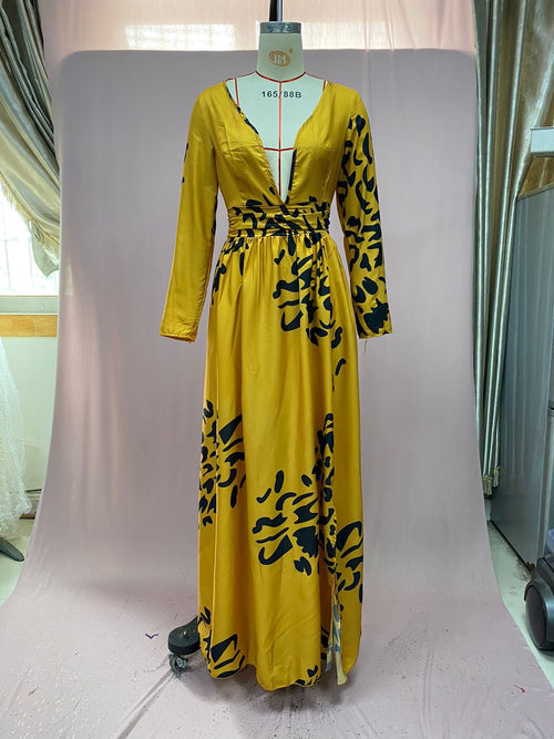 Split Leopard Print Slim Fit Sexy Deep V Plunge Dress