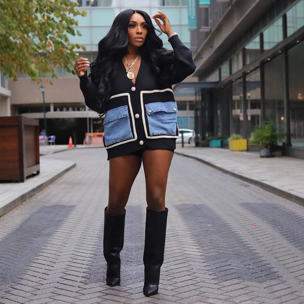 Single Breasted Denim Pocket Cardigan Sweater