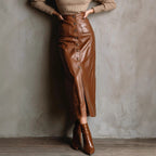 Faux Leather Button Sheath Skirt
