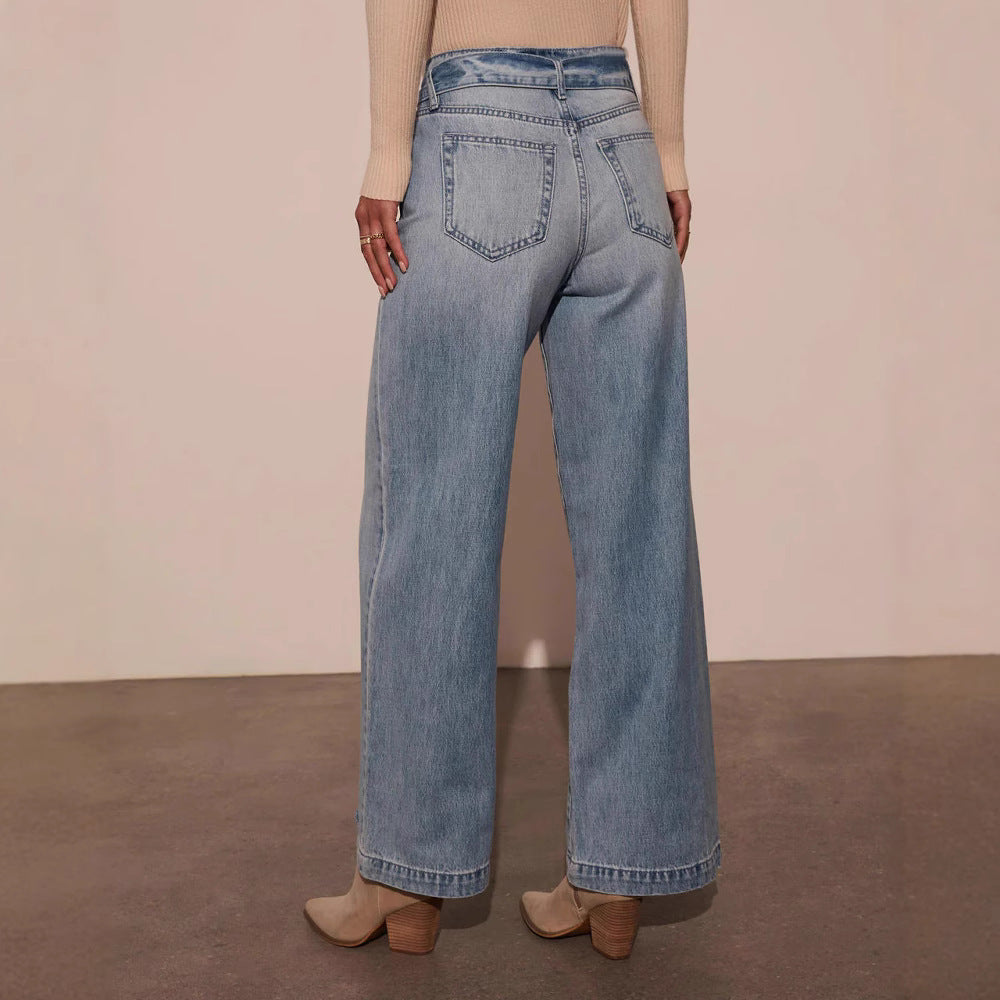 Waist Tied Washed Straight Wide Leg Jeans