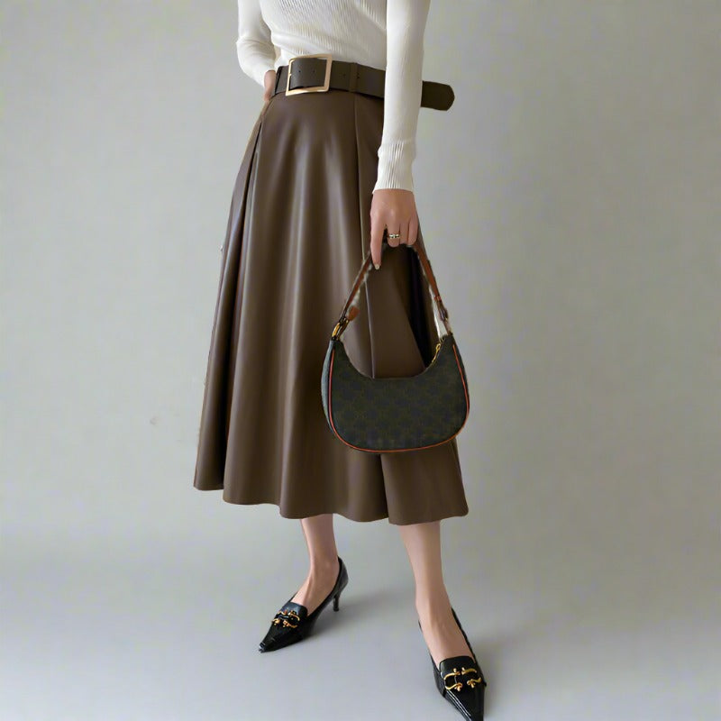 High Waist Petite Skirt Mid-Length Women Autumn Winter A- line Leather Skirt Umbrella Skirt - ALL HERZ FASHIONS