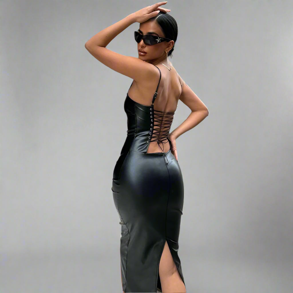 Faux Leather Backless Strap Sheath Split Dress