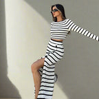 Striped Black White Button Skirt Sets
