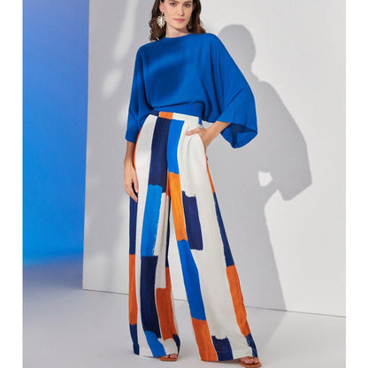 Loose Office Blue Top & High Waist Wide Leg Pants Sets