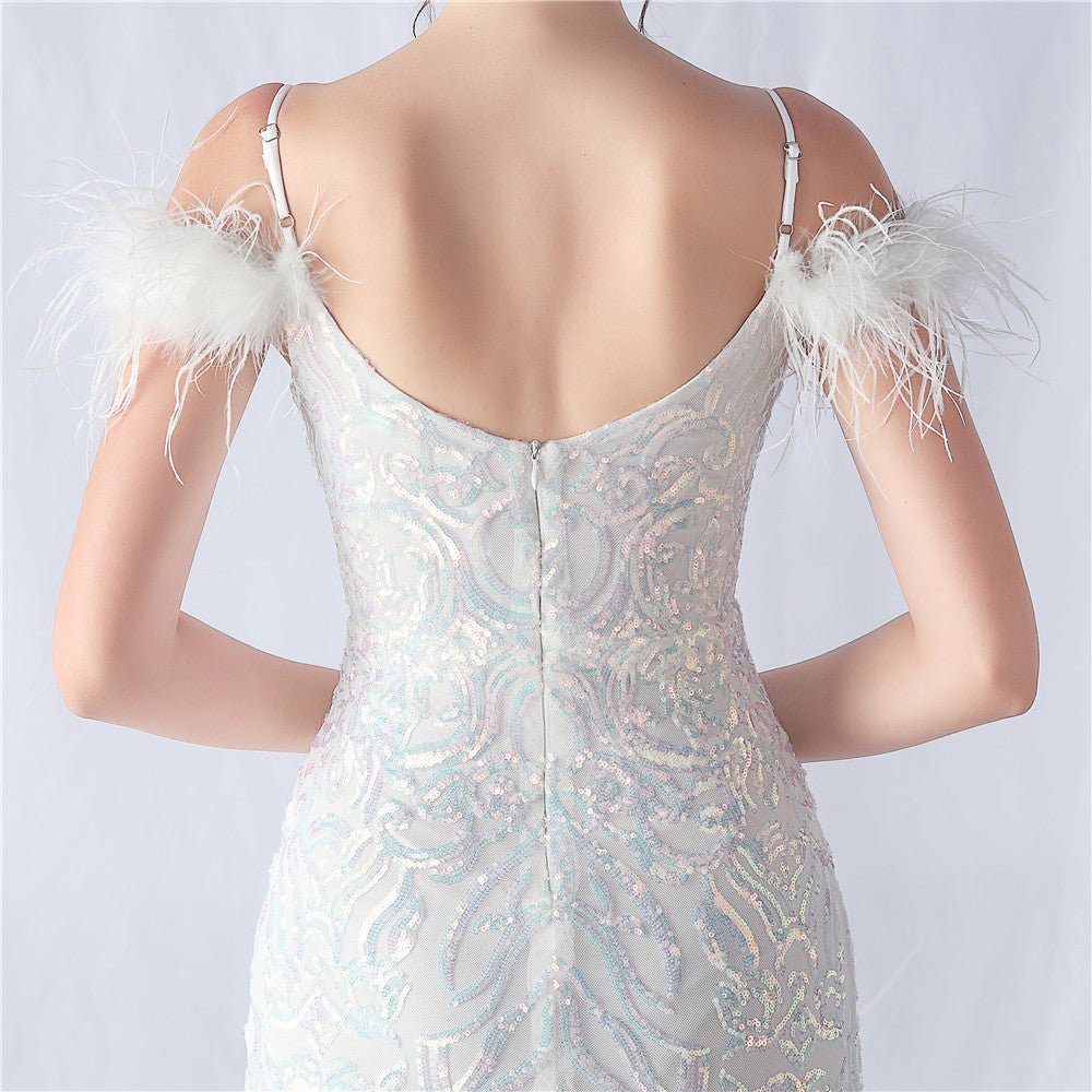 Ostrich Feather Positioning Floral Sequin Wedding Dress