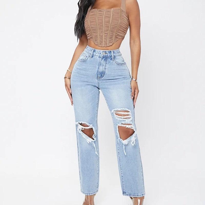 Ripped Washed Wide Leg Jeans