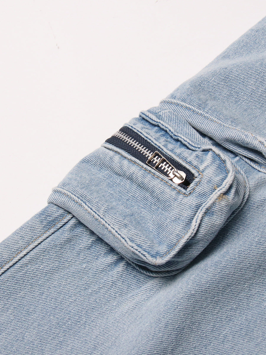 Retro Light Blue Washed High Waist Cargo Jeans