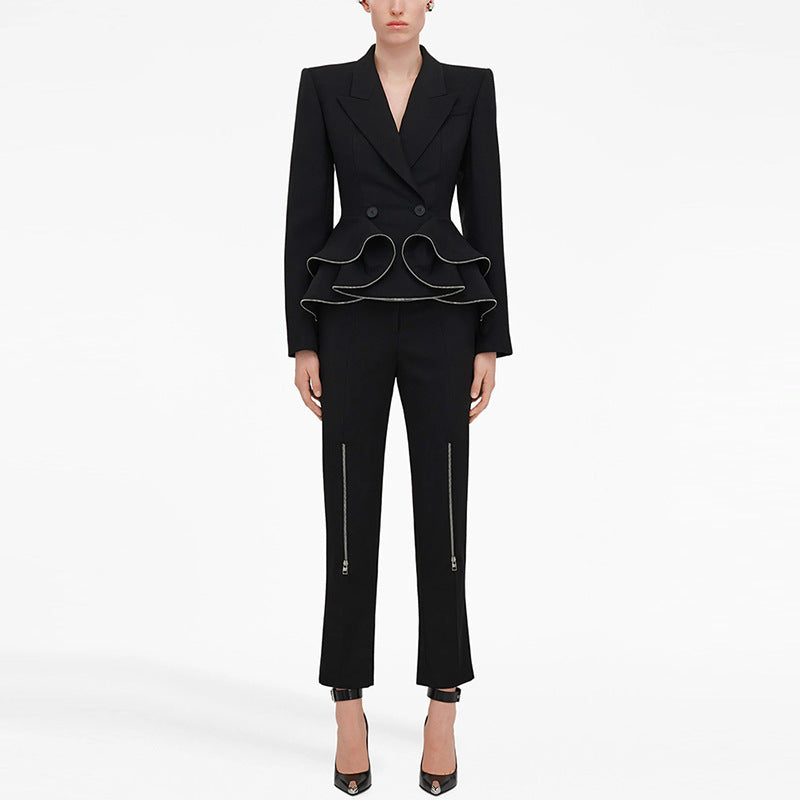 Zipper Ruffled Blazer with Pants Set