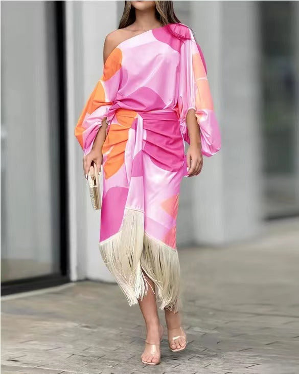 Loose Printed Lantern Top & Tassel Hem Skirt Set