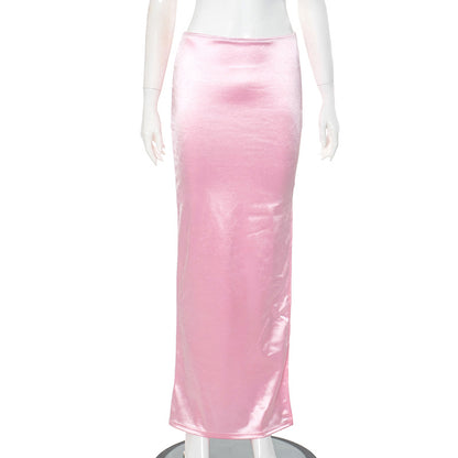 Women Summer Solid Color Personalized Bright Slit Slim Fitting Sheath Long Skirt