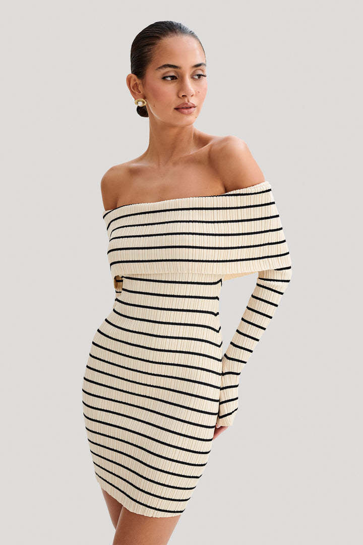 Off Shoulder Striped Collar Knit Dress