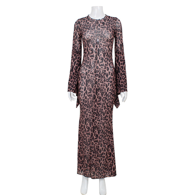 Printed Leopard Print Slim Fit Sheath Fishtail Dress