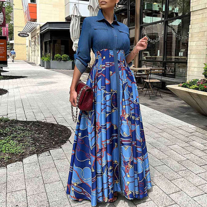 Casual Denim Maxi Shirt Dress