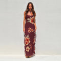Floral Sheer Ribbon Slit Sheath Suspender Dress