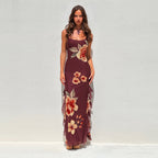 Floral Sheer Ribbon Slit Sheath Suspender Dress