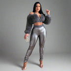 Off Shoulder Furry Short Top with Slim Fit Pants