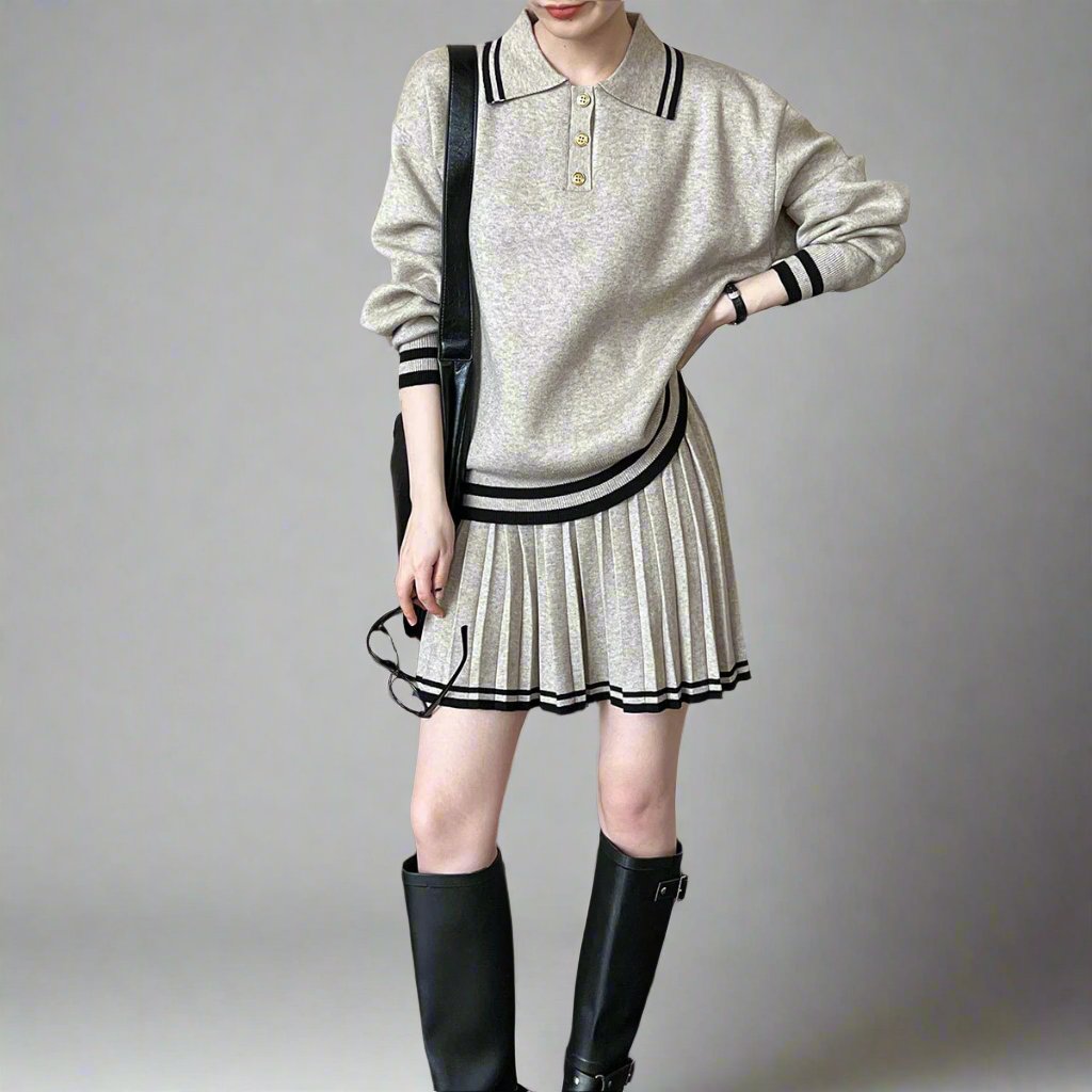 College Polo Collar Sweater Pleated Skirt Sets