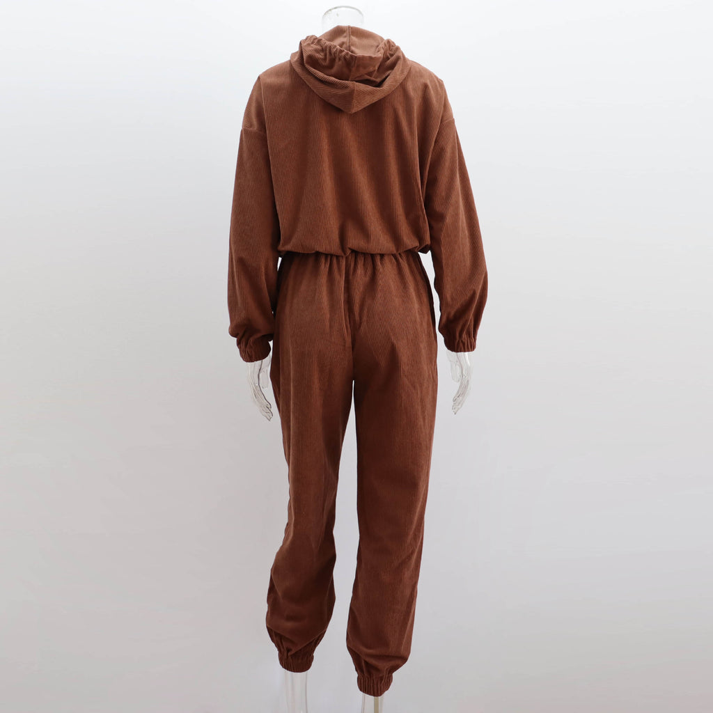 Corduroy Suit Women Sports Casual Autumn Winter Zipper Hooded Sweatshirt Sweatpants Two Piece Set Women
