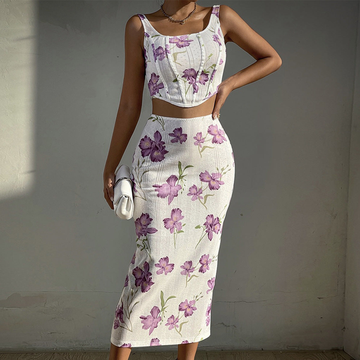 Spaghetti-Strap Floral Print Vest & Slim Fit Sheath Skirt Set