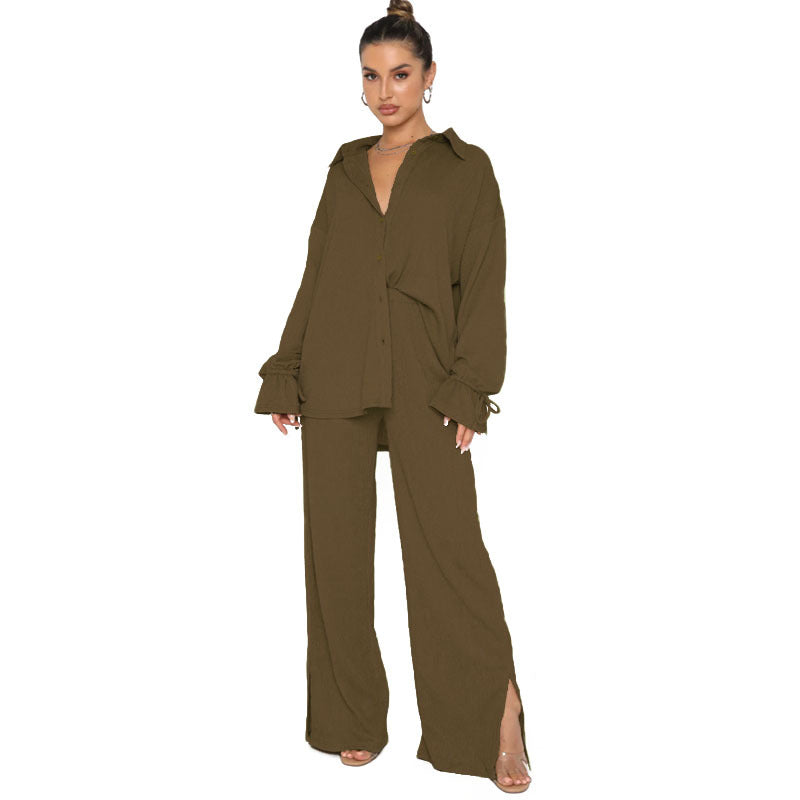 Single Breasted Long Sleeve Tied Top & Pants Set