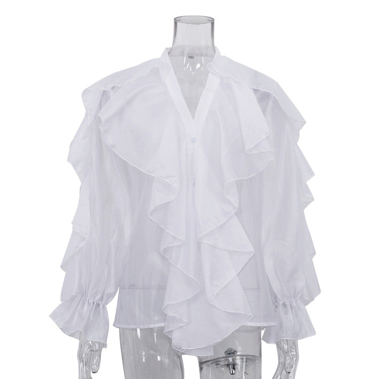 V neck Long Sleeve Ruffled Blouse
