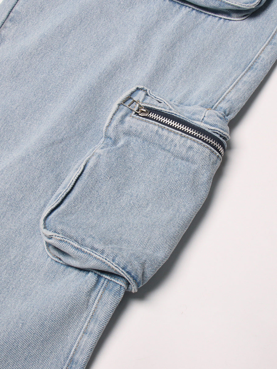 Retro Light Blue Washed High Waist Cargo Jeans