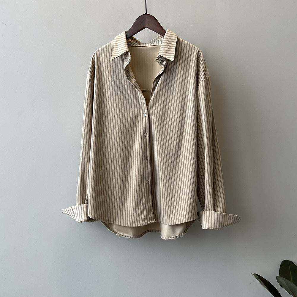 Retro Hong Kong Salt Striped Shirt Women Autumn French Shirt Niche Long Sleeved Shirt