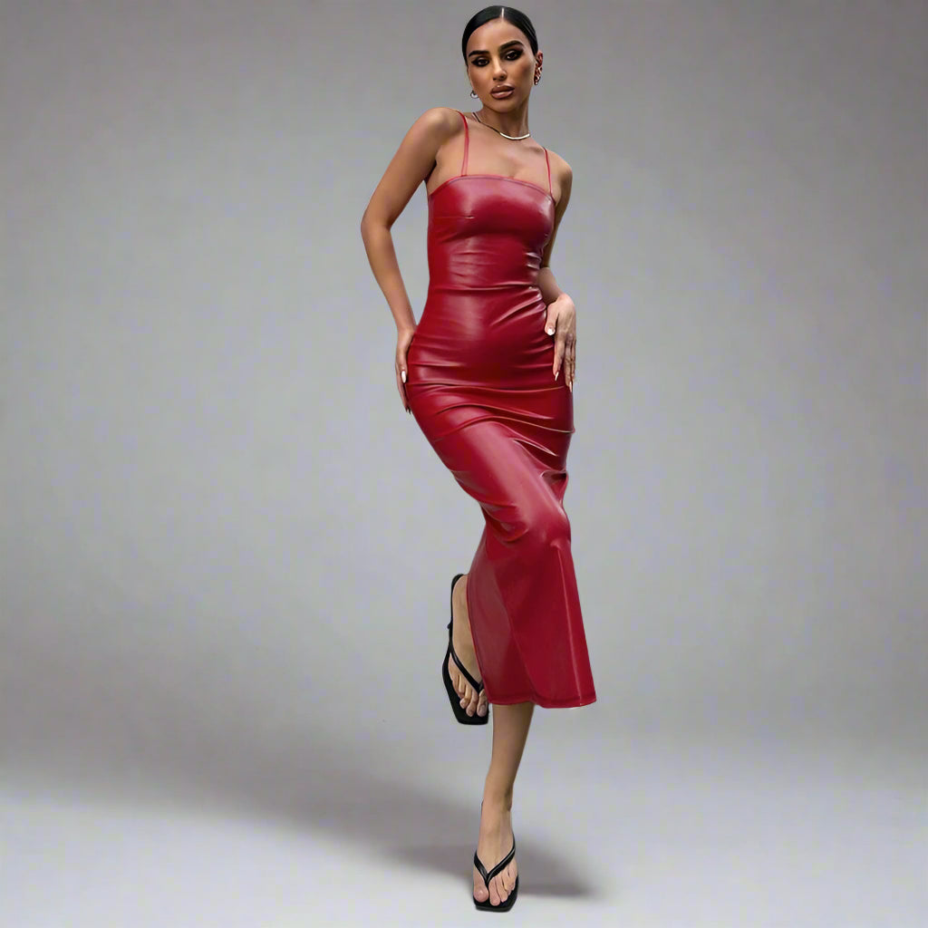 Faux Leather Backless Strap Sheath Split Dress