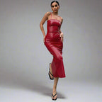 Faux Leather Backless Strap Sheath Split Dress