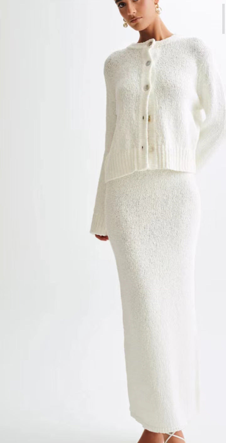Elegant White  Knitted Slimming Skirt Suit
