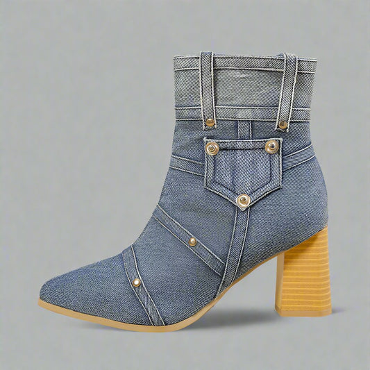 Chunky Heel Martin Denim Boots