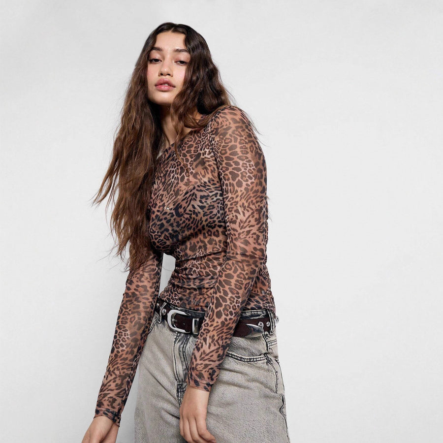 Leopard Print Sheer Mesh Lace Blouse