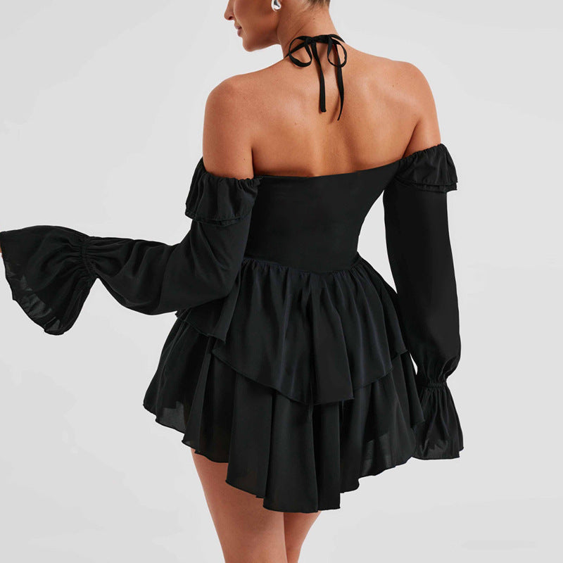 Halter Ruffled Long Sleeve Dress