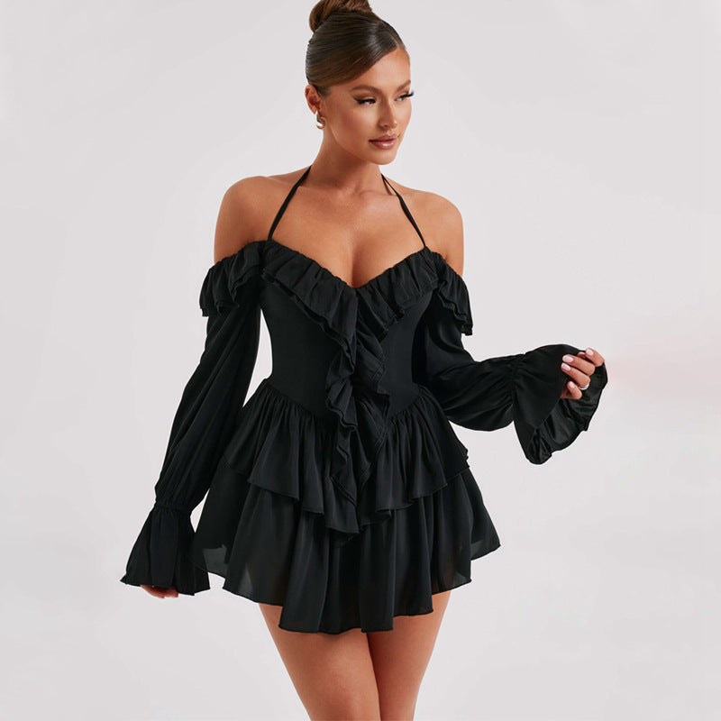 Halter Ruffled Long Sleeve Dress