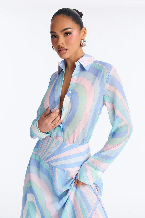Printing Collared Long Sleeve T- Shirt Dress
