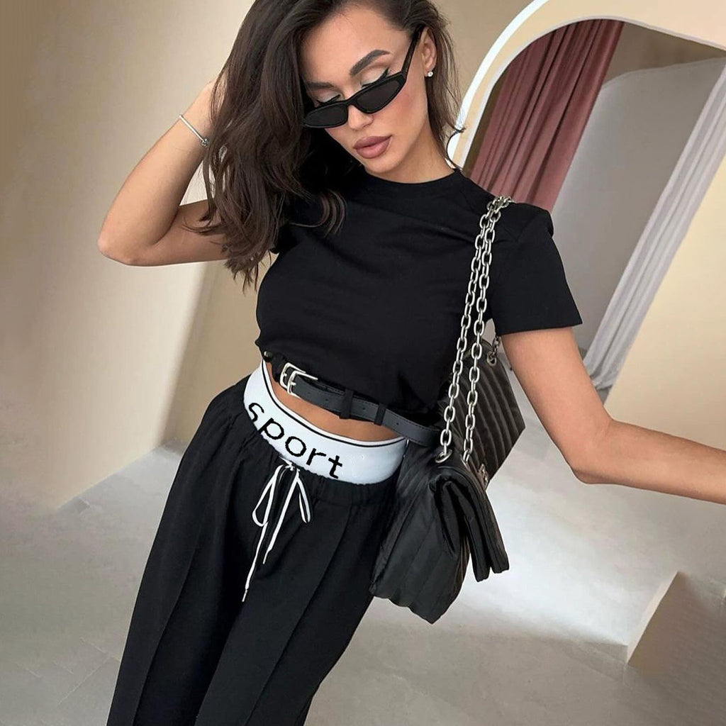 Cropped Belt Decorative Double Waist Sweatpants Set