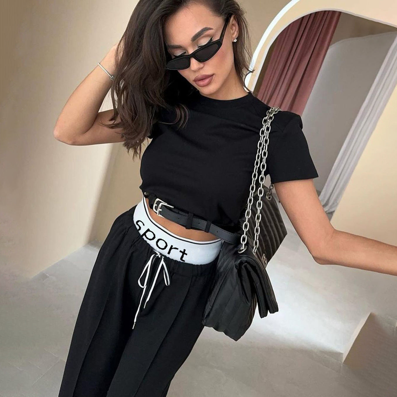 Cropped Belt Decorative Double Waist Sweatpants Set