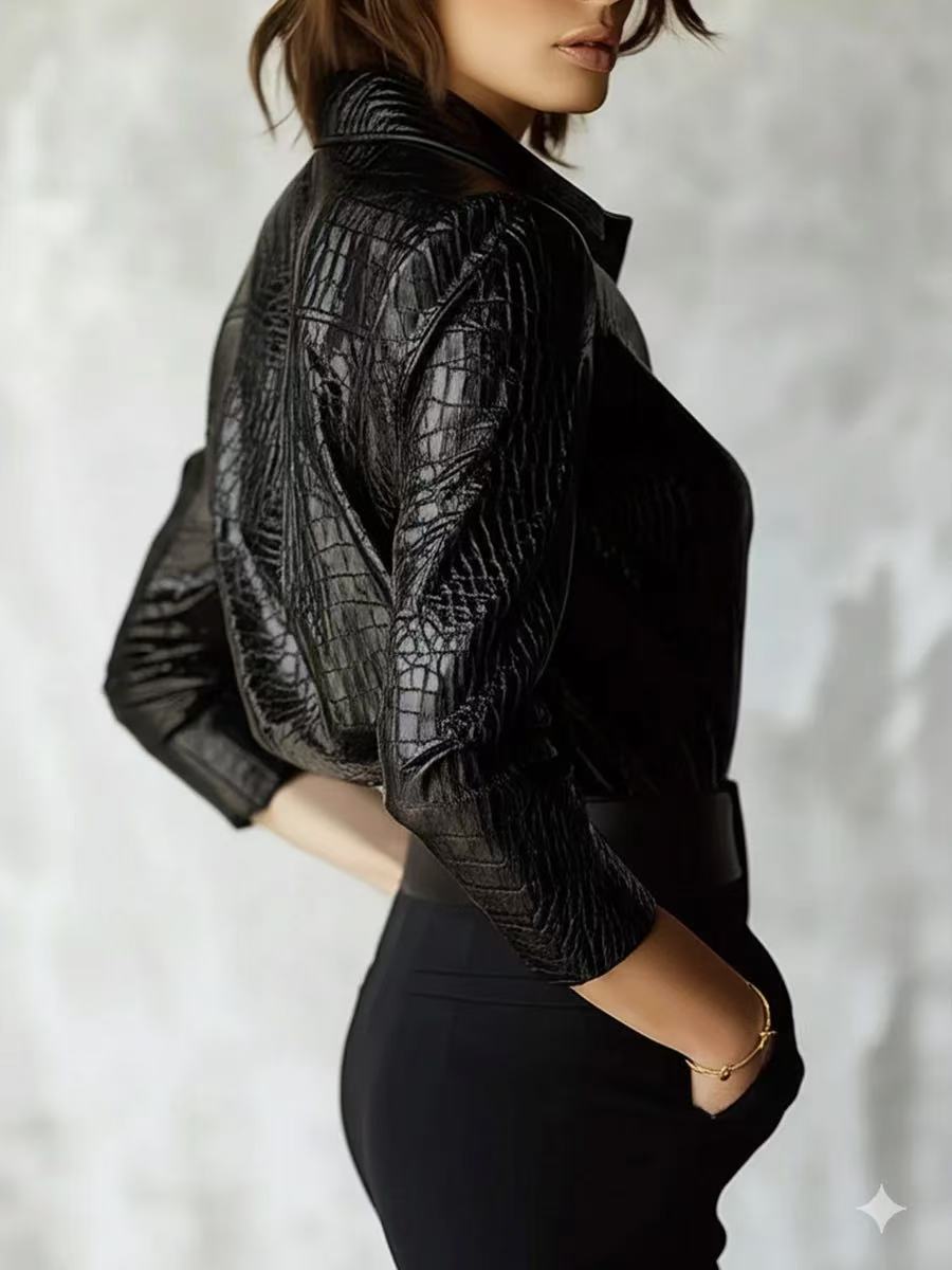 Long Sleeve Faux Leather Serpentine Top